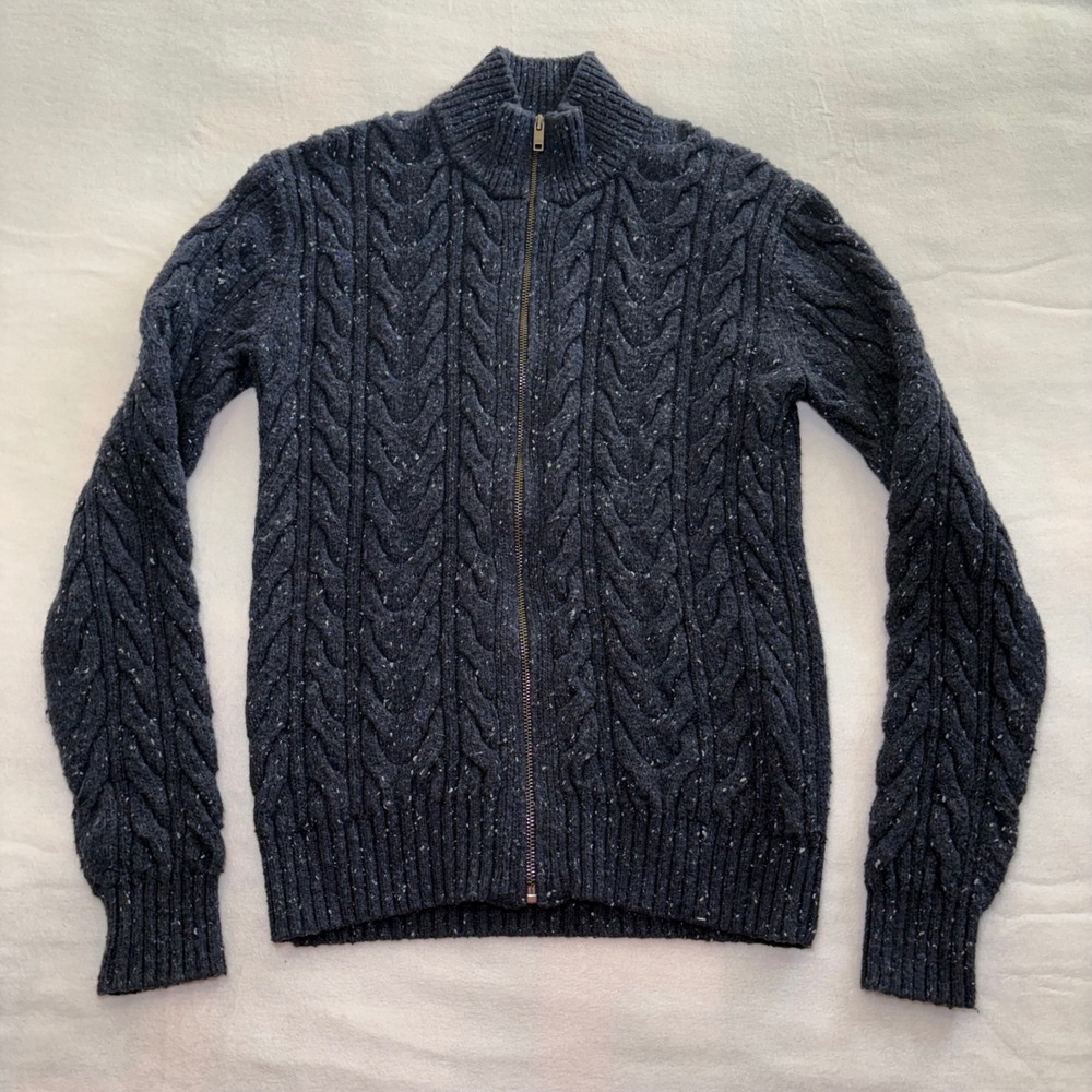 Banana Republic Mens XS Wool Blue Donegal Cable Knit Full Zip Cardigan Sweater